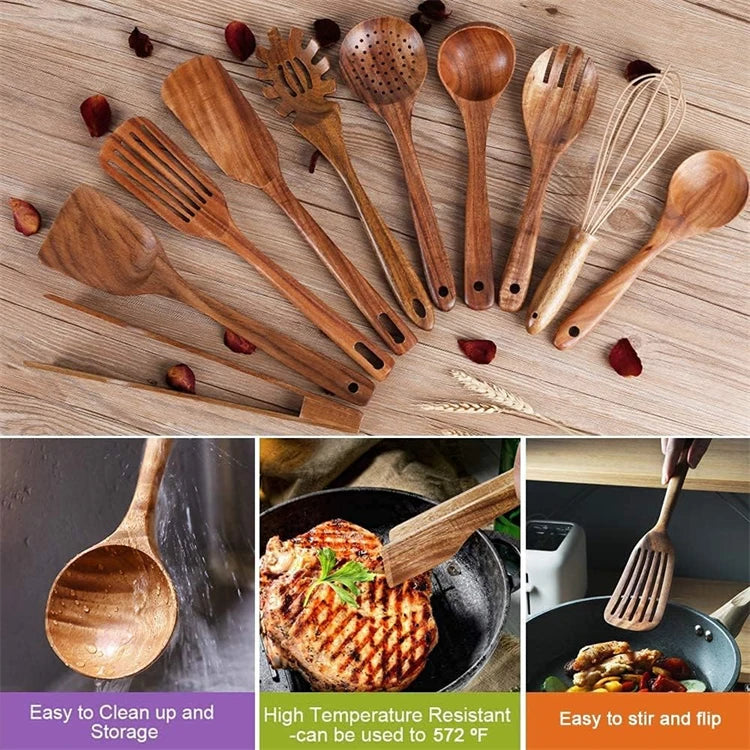 Juego de 10 Utensilios de Cocina de Madera de Teca Natural