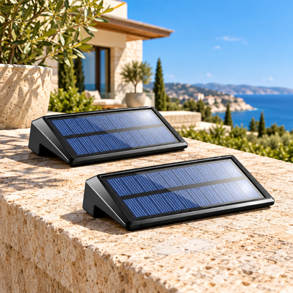 Paquete de 2 luces solares para barda cargando al sol sobre muro de piedra