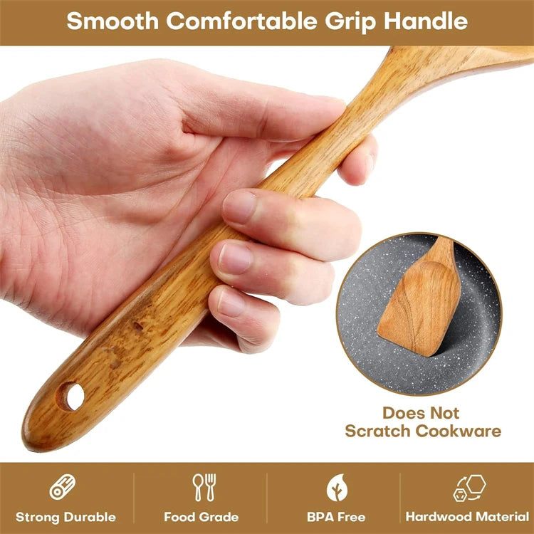 Juego de 10 Utensilios de Cocina de Madera de Teca Natural