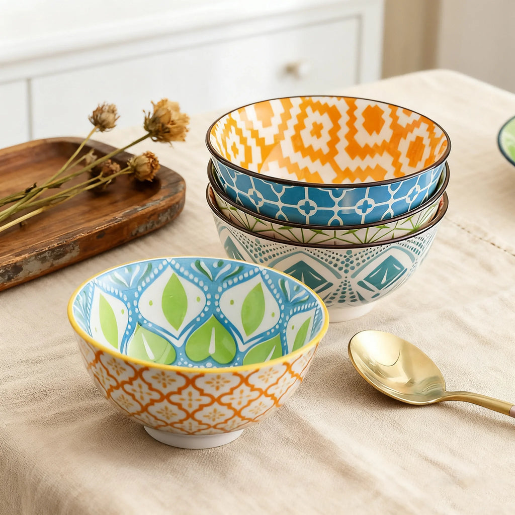 Set de 4 Bowls de Cerámica Estilo Bohemio Pintados, 11.4 cm