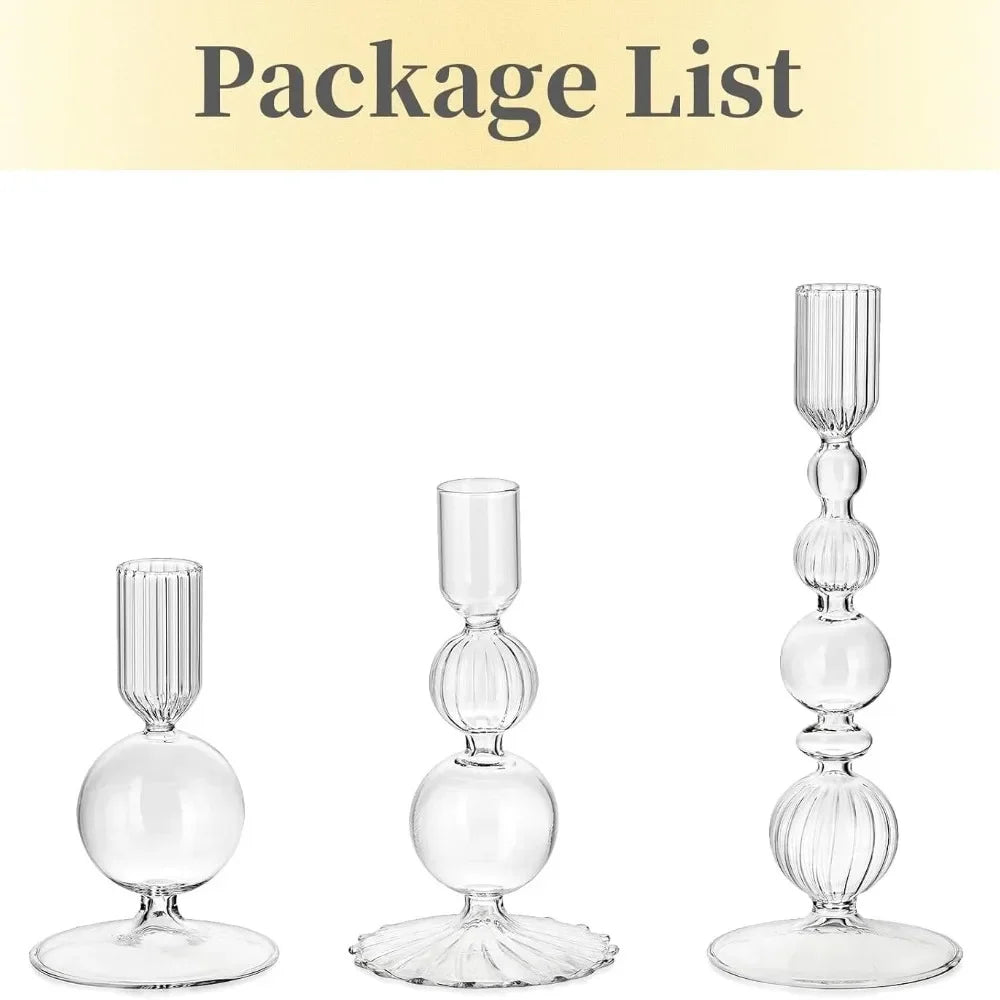 Set de 3 Candelabros de Cristal Ondulados para Velas Cónicas