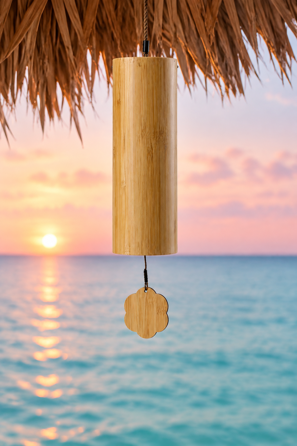 Carillón de viento de bambú colgado de una palapa al amanecer frente al mar