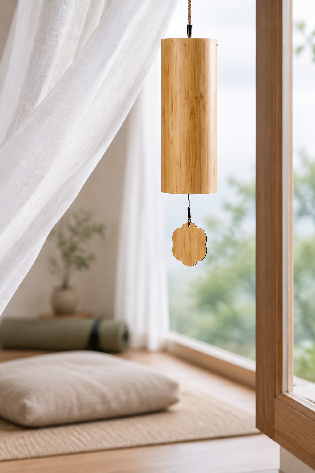 Carillón de viento de bambú en la ventana de un cuarto de meditación