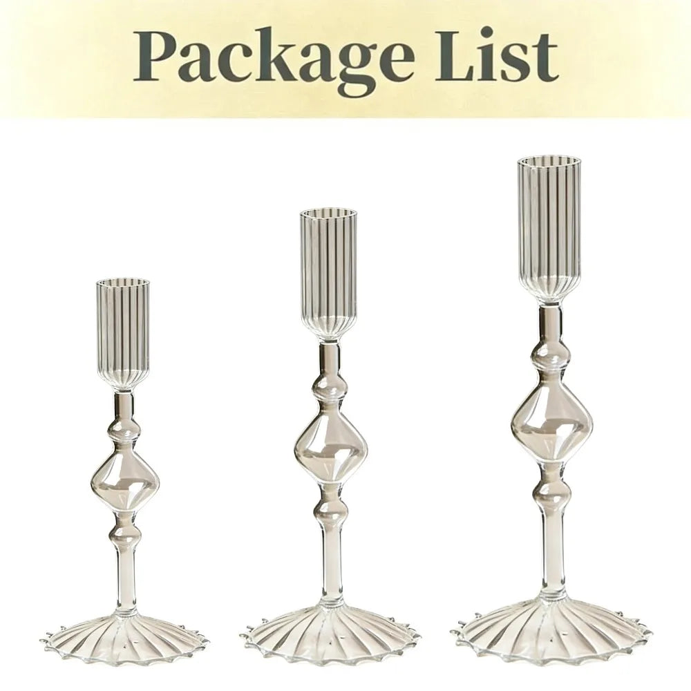 Set de 3 Candelabros de Cristal Ondulados para Velas Cónicas