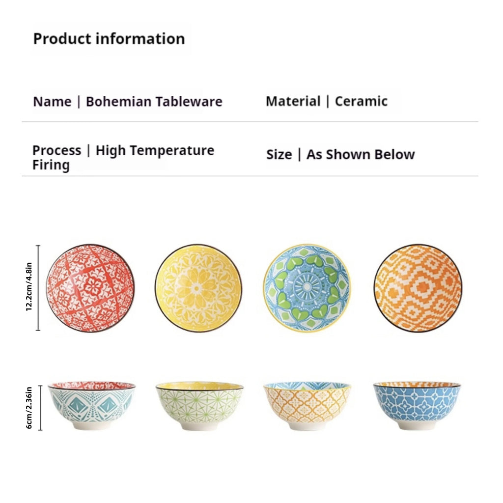 Set de 4 Bowls de Cerámica Estilo Bohemio Pintados, 11.4 cm