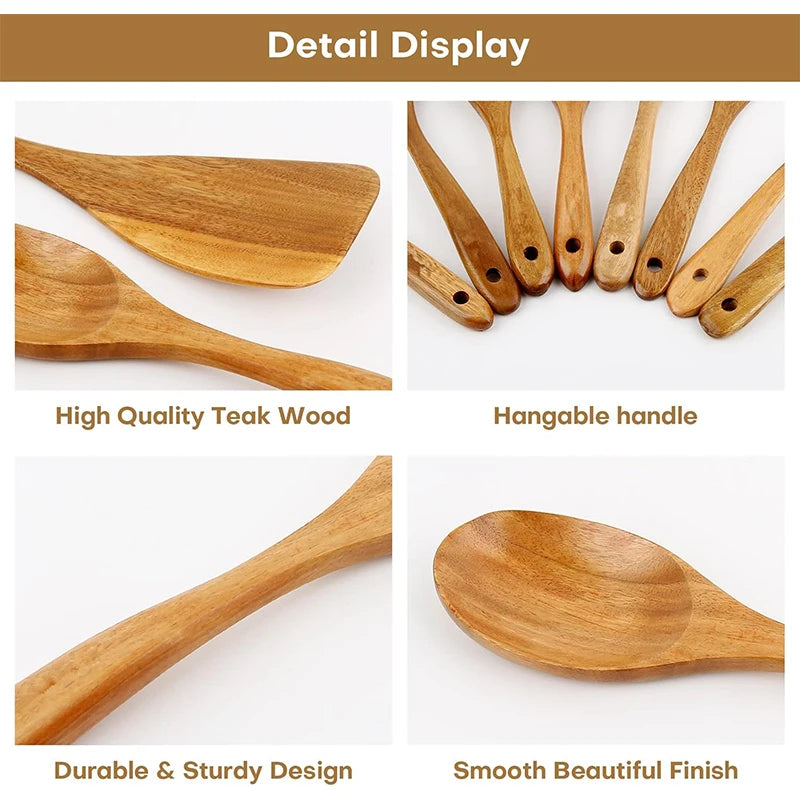 Juego de 10 Utensilios de Cocina de Madera de Teca Natural
