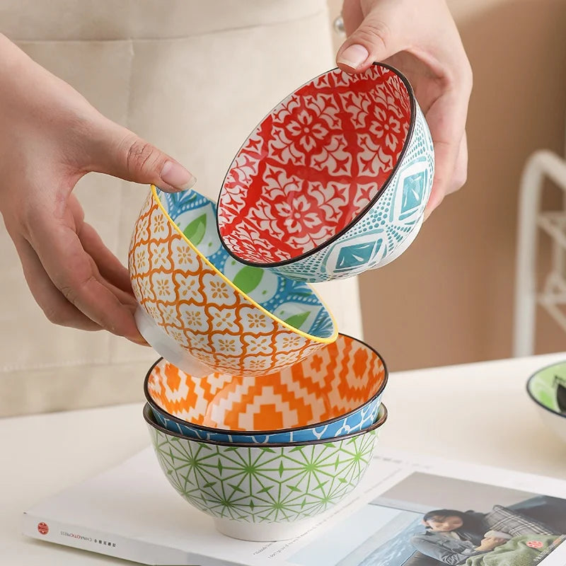 Set de 4 Bowls de Cerámica Estilo Bohemio Pintados, 11.4 cm