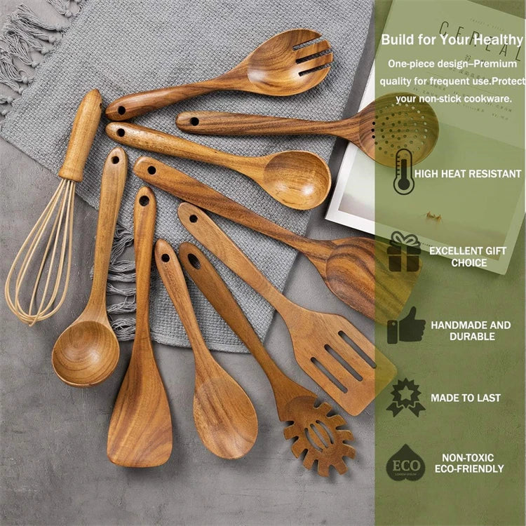 Juego de 10 Utensilios de Cocina de Madera de Teca Natural