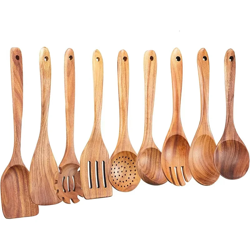 Juego de 10 Utensilios de Cocina de Madera de Teca Natural
