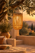 Farol Solar Colgante de Ratán Estilo Boho para Terraza y Jardín