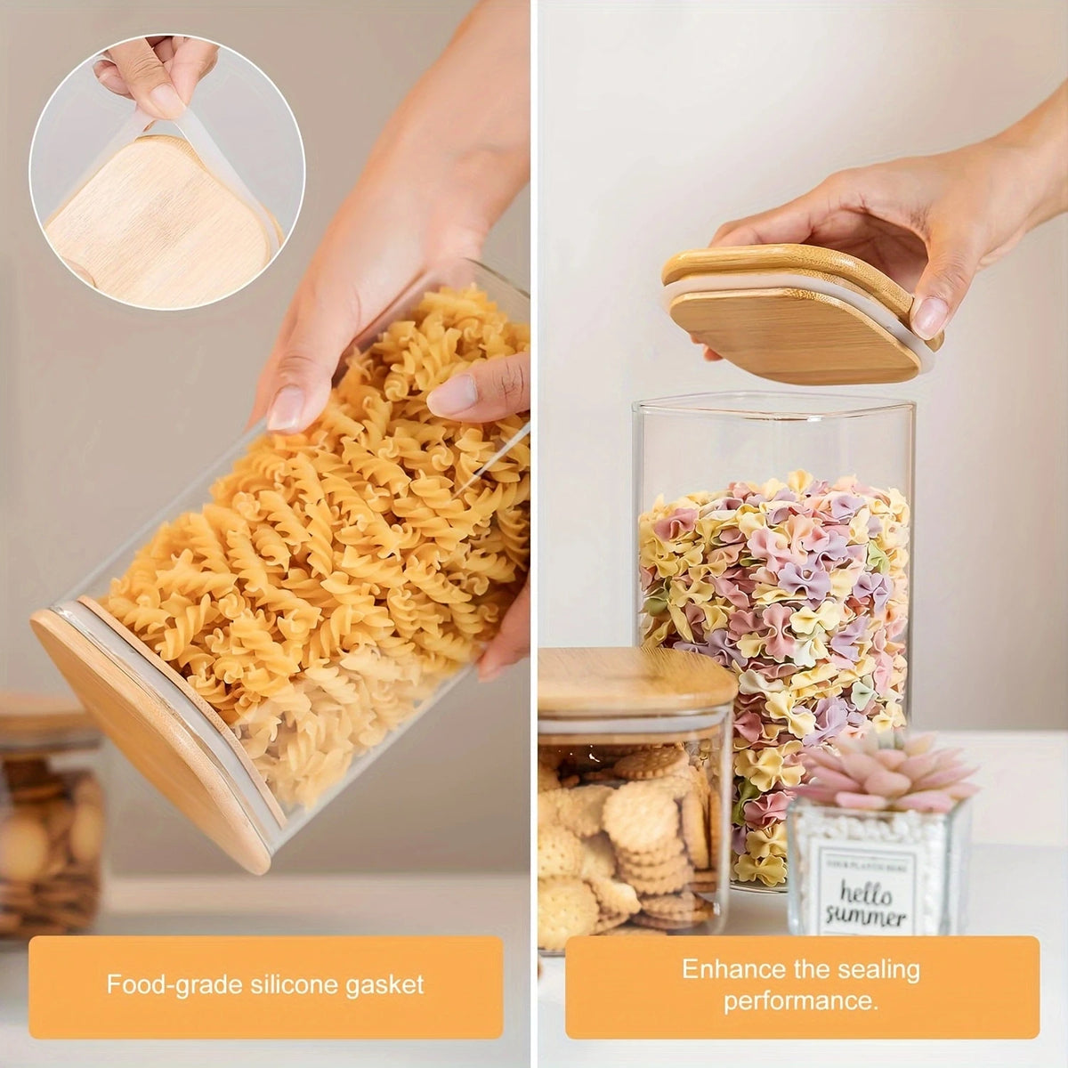 Frascos de Vidrio Herméticos con Tapa de Bambú, Set Apilable