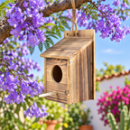 Casa para pájaros de madera colgada de una rama de jacaranda en flor