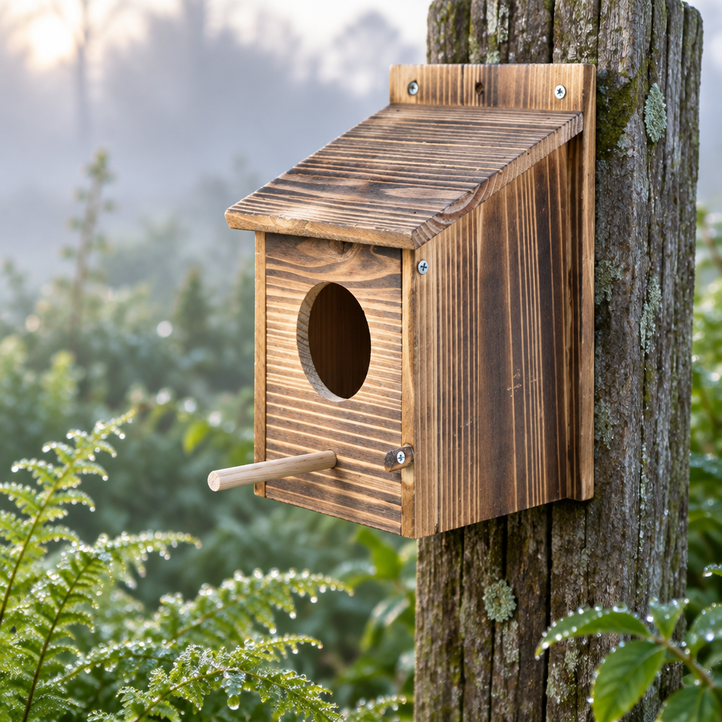 Casa para pájaros de madera en un tronco de un jardín con helechos por la mañana