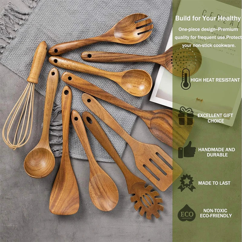Juego de 10 Utensilios de Cocina de Madera de Teca Natural