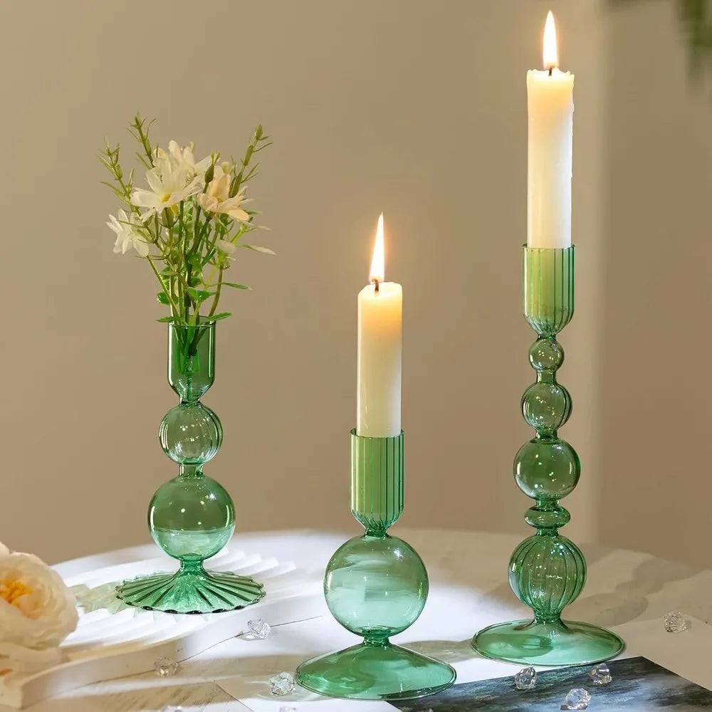 Set de 3 Candelabros de Cristal Ondulados para Velas Cónicas