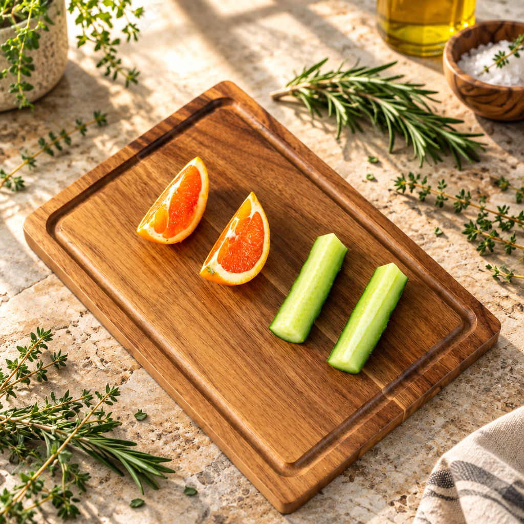 Tabla para picar de acacia con fruta y hierbas sobre isla de piedra