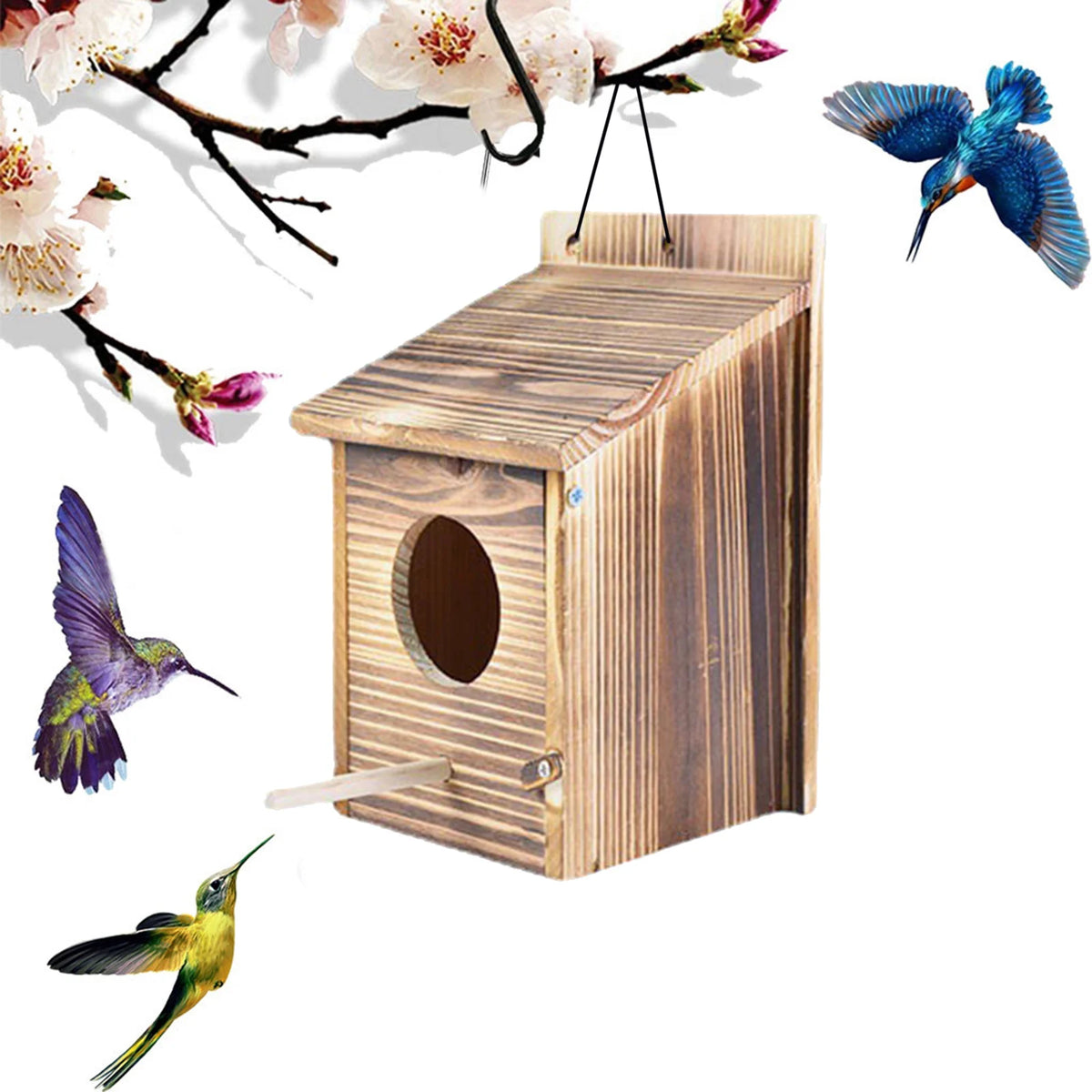 Casa para Pájaros de Madera Natural para Colgar en Jardín y Terraza