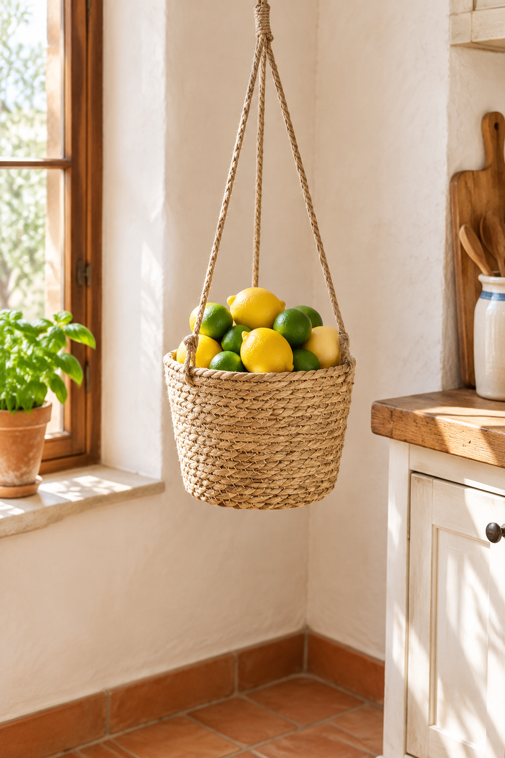 Macetero colgante de fibra natural con limones en una cocina rústica