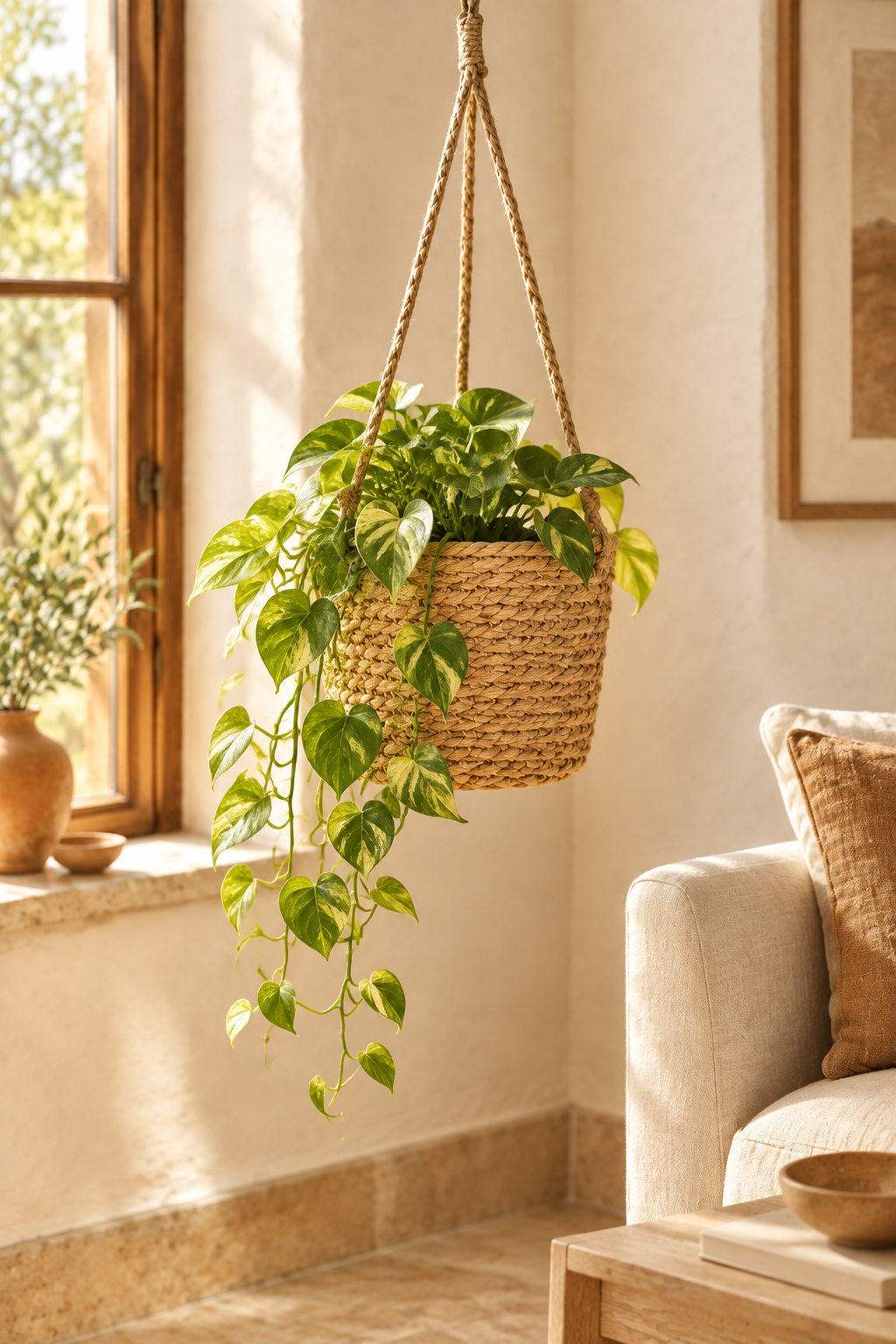Macetero Colgante de Fibra Natural Tejida — ambientado en casa