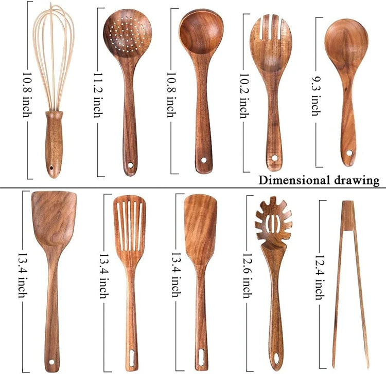 Juego de 10 Utensilios de Cocina de Madera de Teca Natural