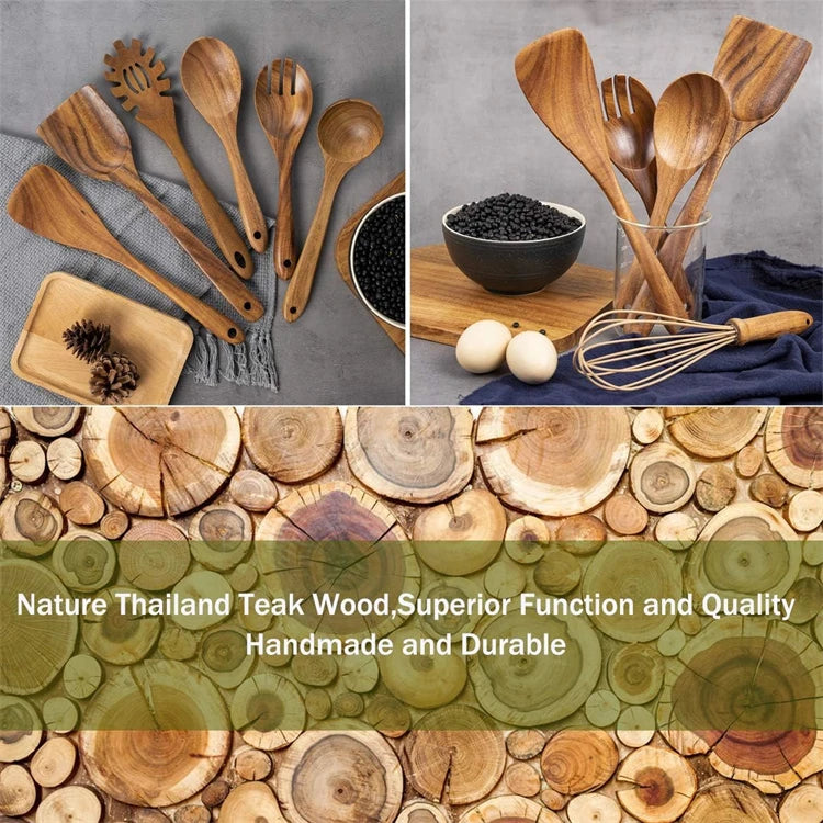 Juego de 10 Utensilios de Cocina de Madera de Teca Natural