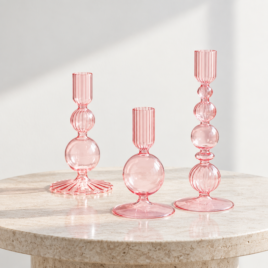 Set de 3 candelabros de cristal rosa ondulado sobre mesa de travertino