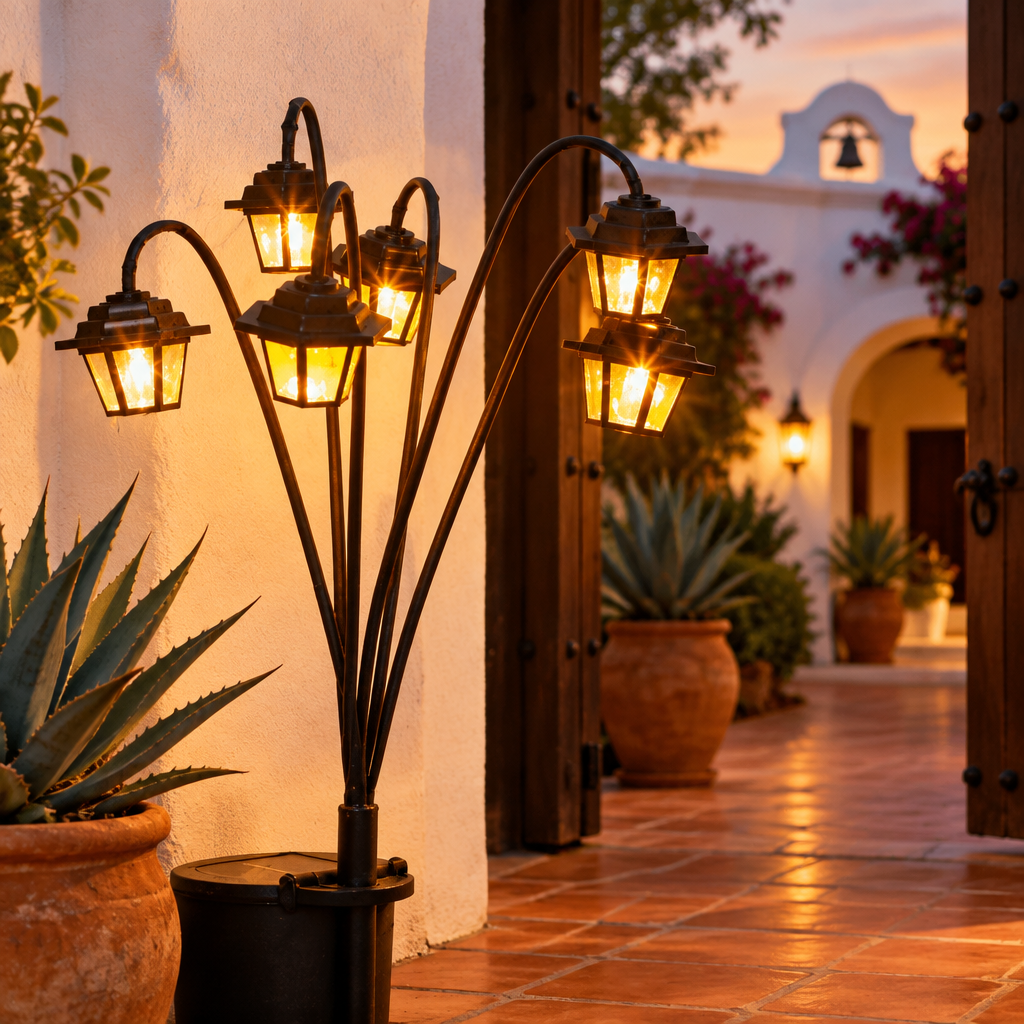 Farol solar encendido en la entrada de un patio estilo hacienda mexicana