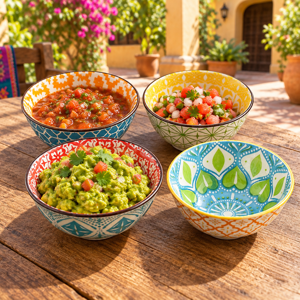 Cuatro bowls de cerámica bohemios con guacamole y salsas en una mesa de madera