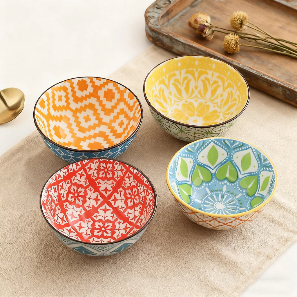 Set de 4 Bowls de Cerámica Estilo Bohemio Pintados, 11.4 cm