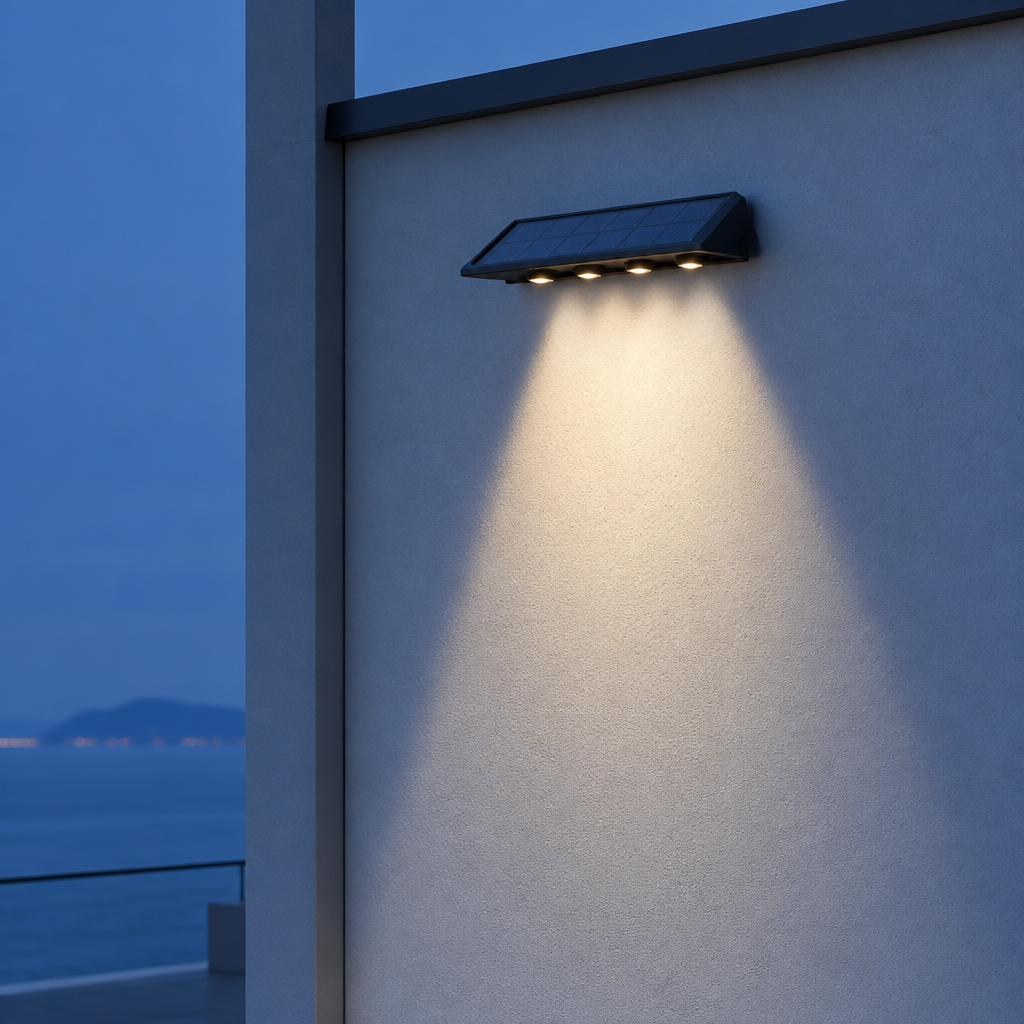 Luz solar para barda encendida en muro blanco minimalista al anochecer