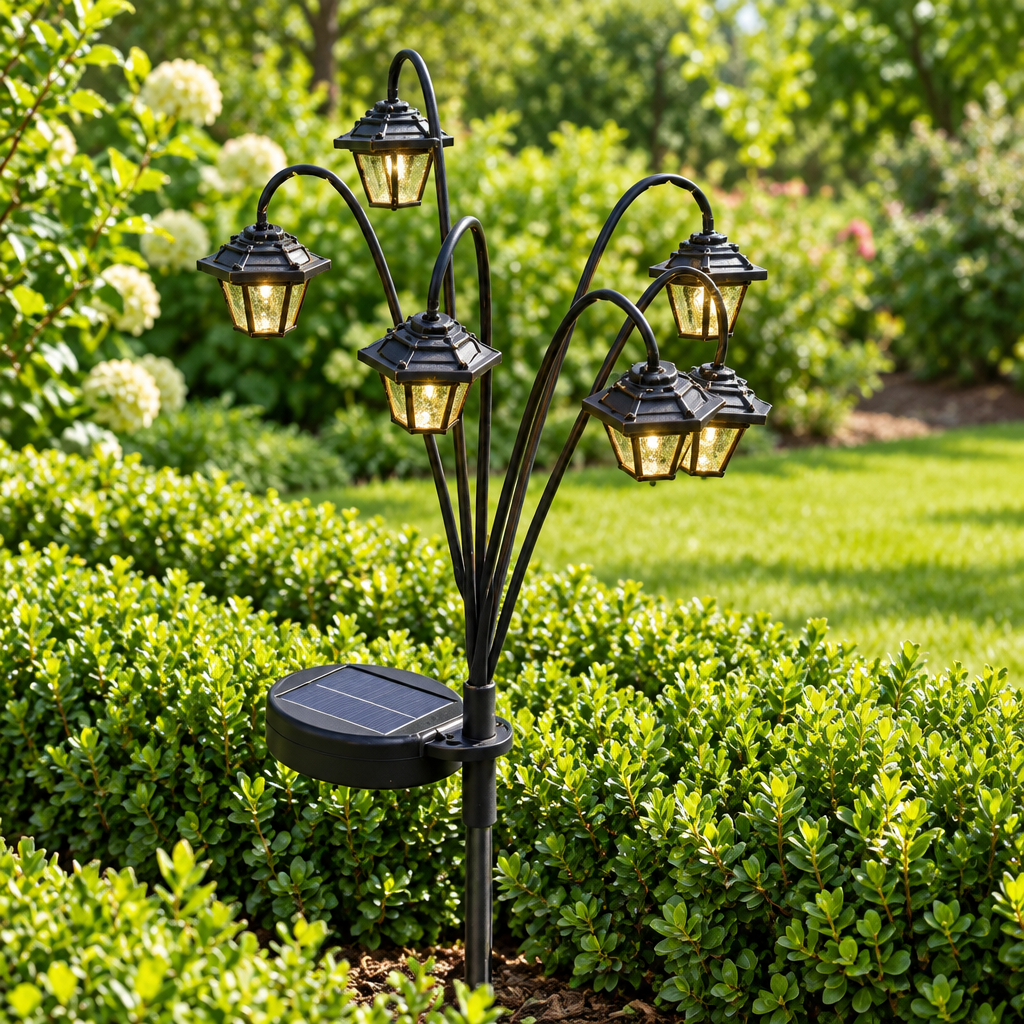 Farol solar de faroles de día en jardín con setos, mostrando su panel solar