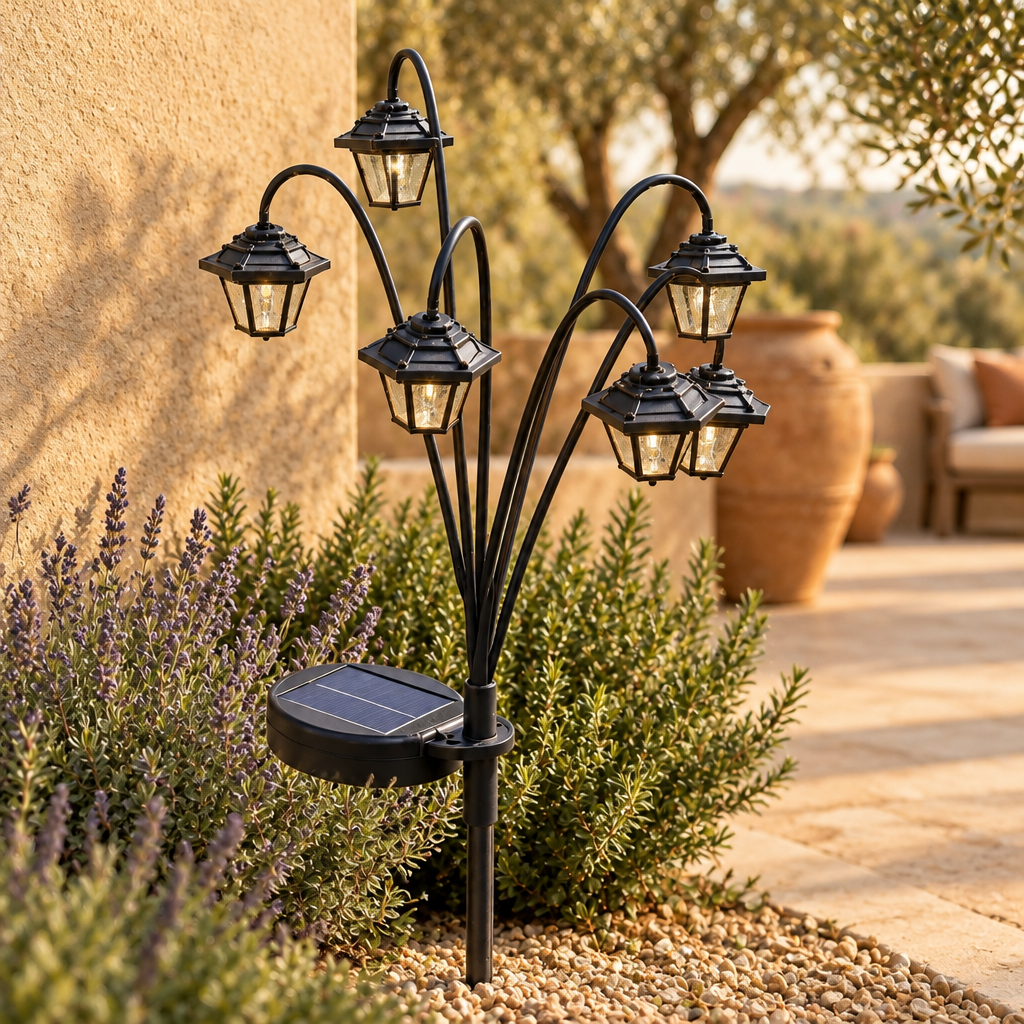 Farol Solar Estilo Retro para Jardín y Patio, Luz Cálida — ambientado en casa