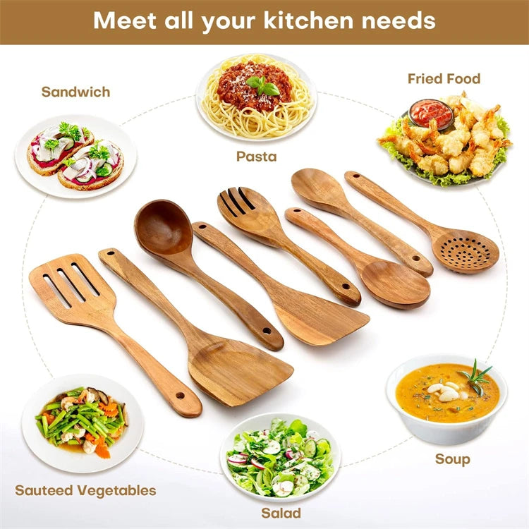 Juego de 10 Utensilios de Cocina de Madera de Teca Natural