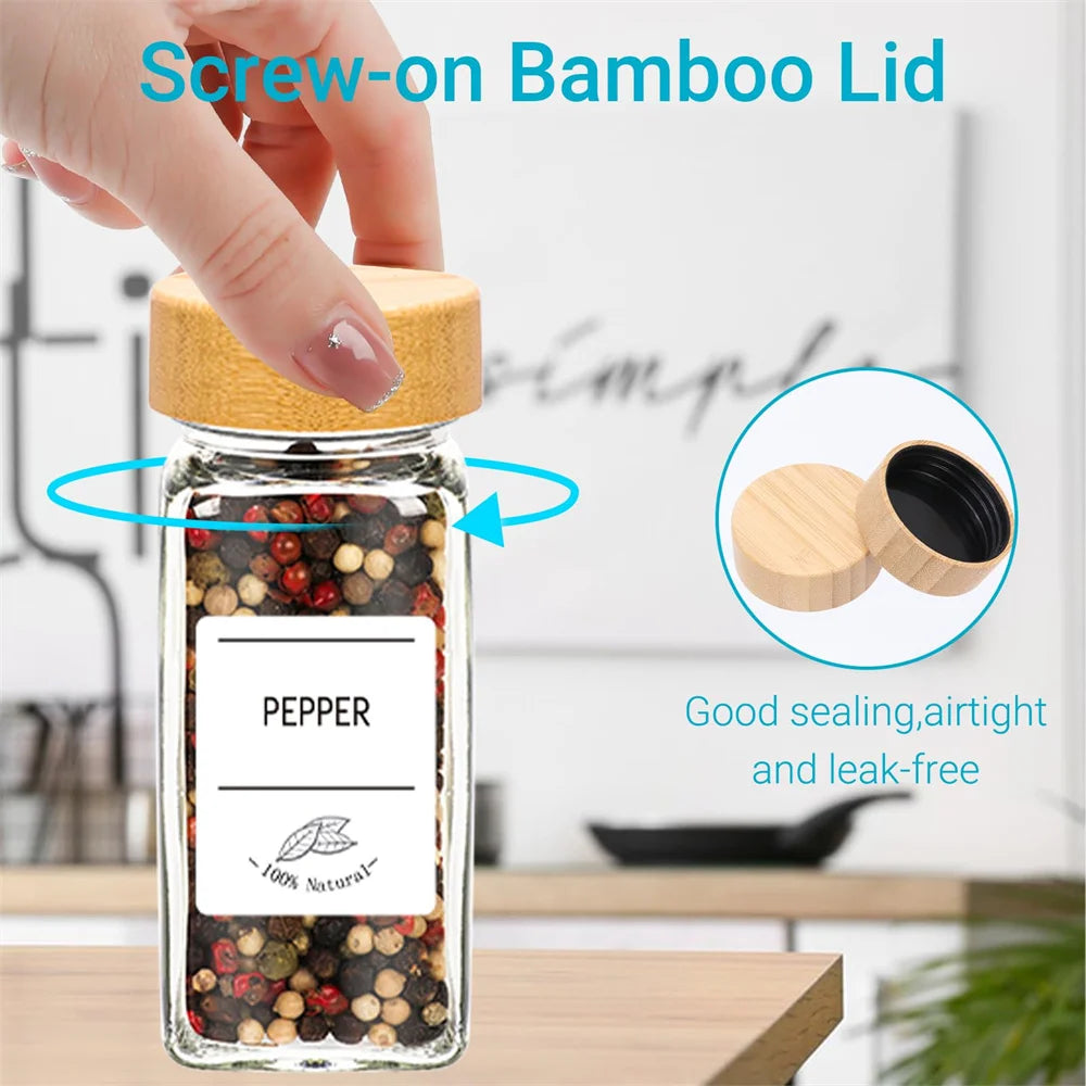 Especieros de Vidrio con Tapa de Bambú, Etiquetas y Embudo