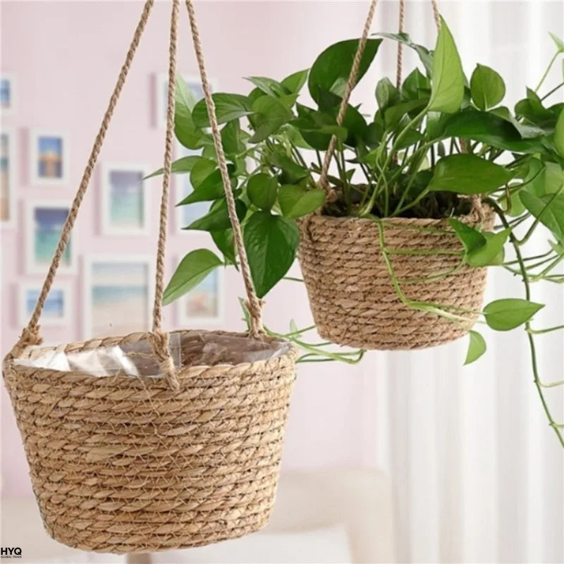 Macetero Colgante de Fibra Natural Tejida para Terraza y Balcón