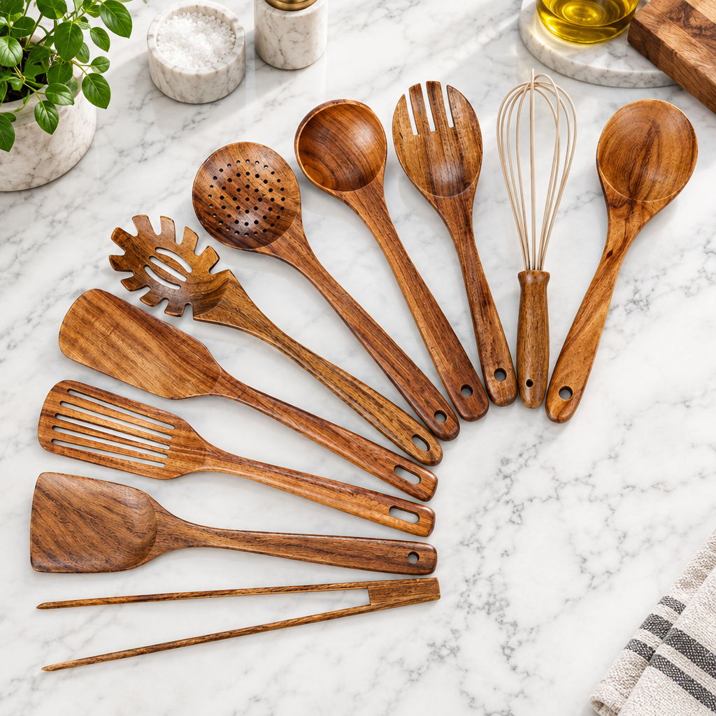 Juego de 10 utensilios de madera de teca sobre barra de mármol blanco