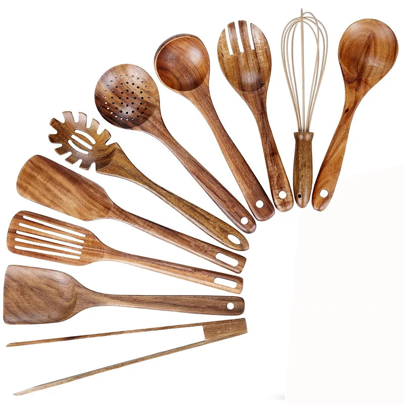 Juego de 10 Utensilios de Cocina de Madera de Teca Natural