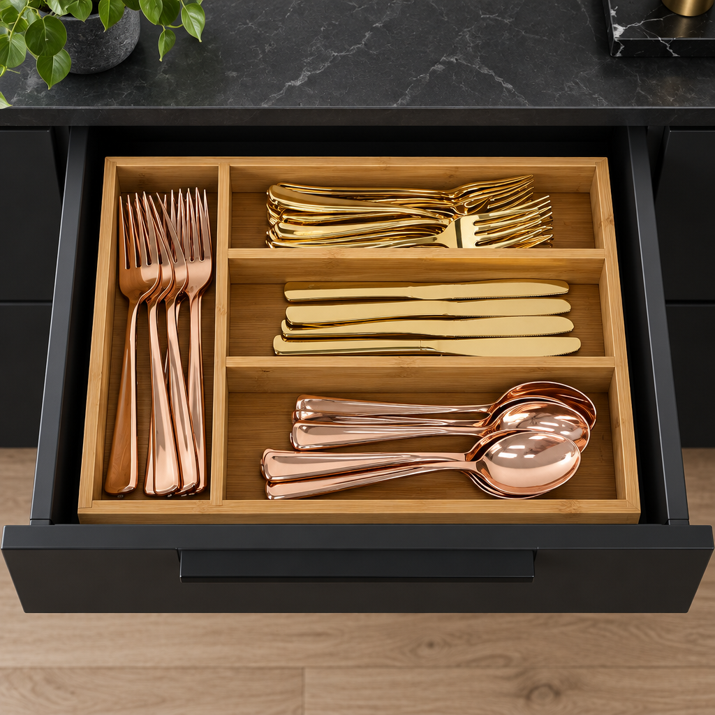 Organizador de cubiertos de bambú dentro de cajón de cocina negra