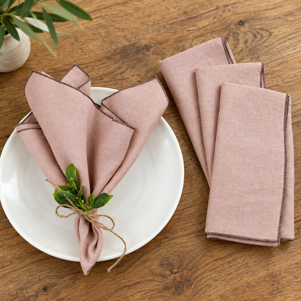 Set de 4 servilletas de lino rosa palo sobre mesa de roble
