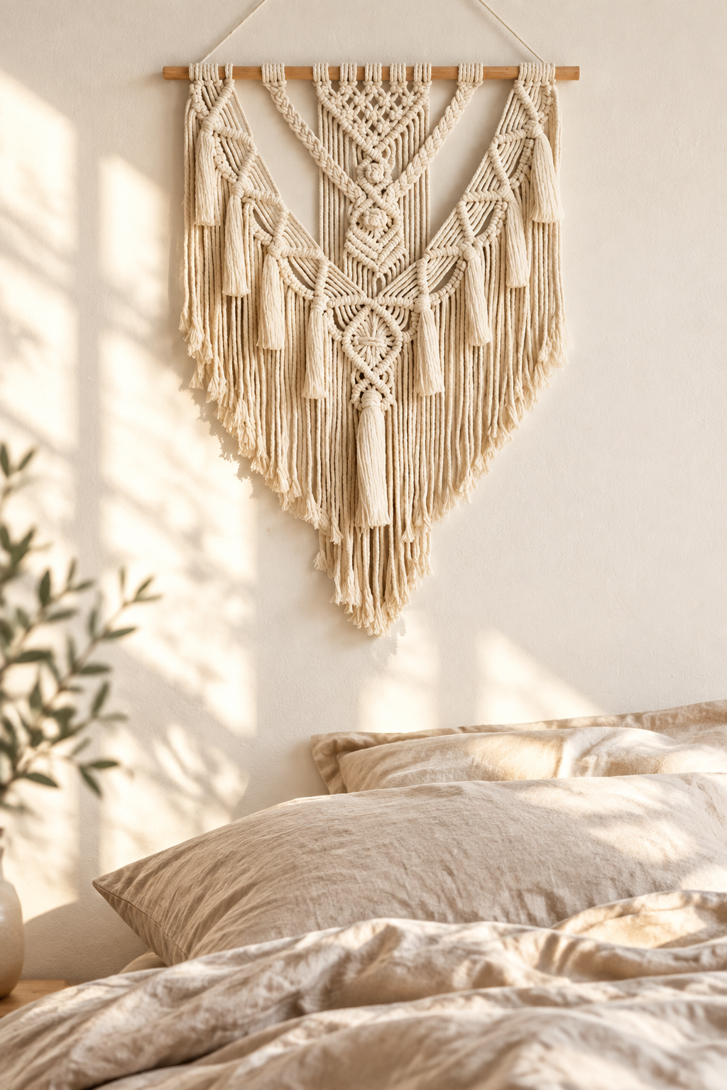 Tapiz de macramé color crema sobre una cama de lino con luz de mañana
