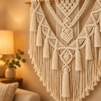 Detalle de los nudos y flecos del tapiz de macramé con luz cálida de lámpara