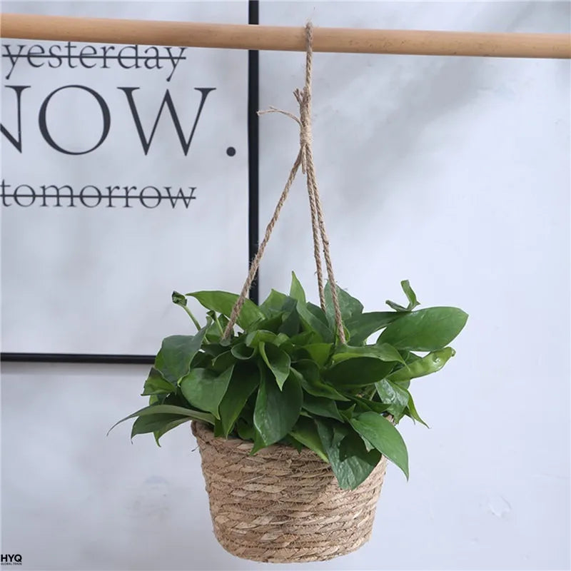 Macetero Colgante de Fibra Natural Tejida para Terraza y Balcón