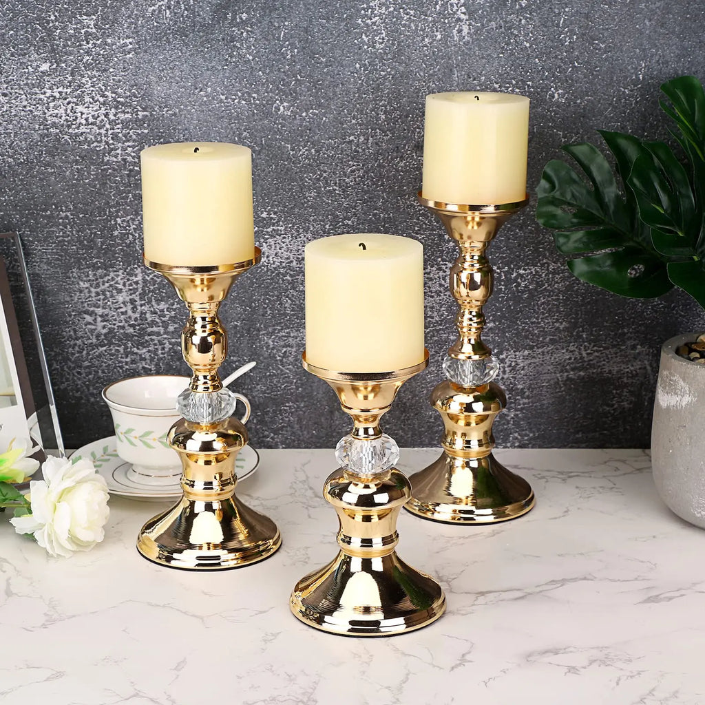 Candelabros de Metal Dorado y Cristal para Velas de Pilar