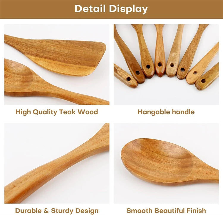 Juego de 10 Utensilios de Cocina de Madera de Teca Natural