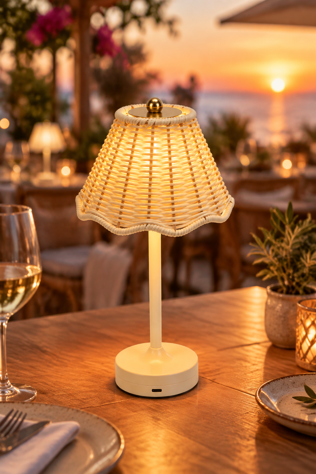 Lámpara de ratán recargable encendida en mesa de terraza al atardecer