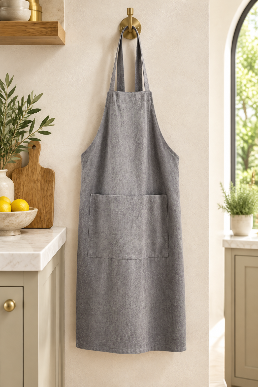 Mandil de lino gris colgado de un gancho de latón en cocina de lujo