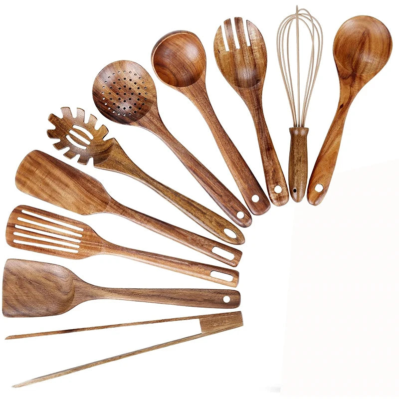 Juego de 10 Utensilios de Cocina de Madera de Teca Natural
