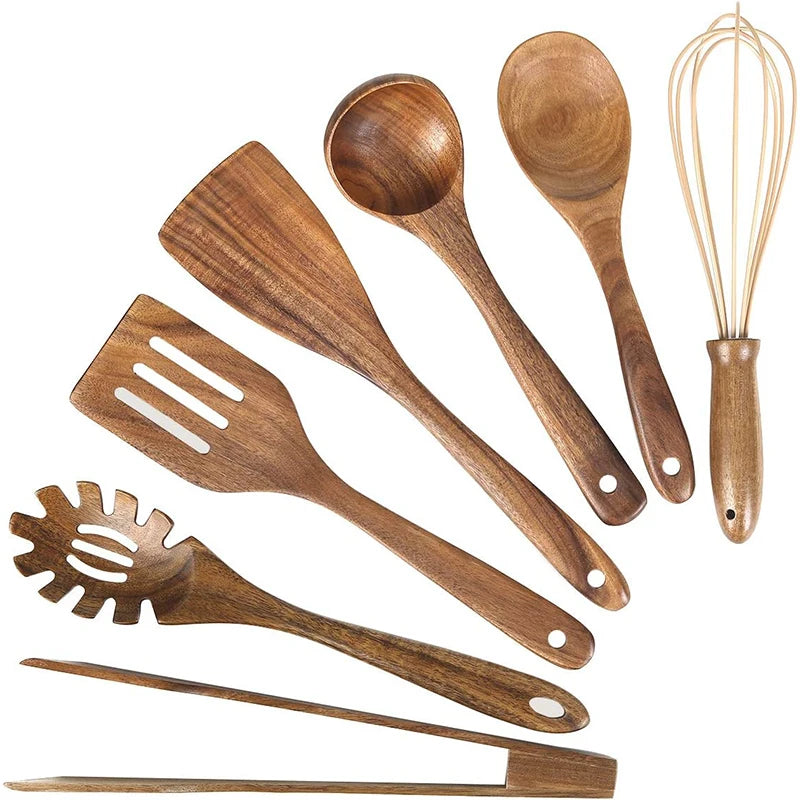 Juego de 10 Utensilios de Cocina de Madera de Teca Natural