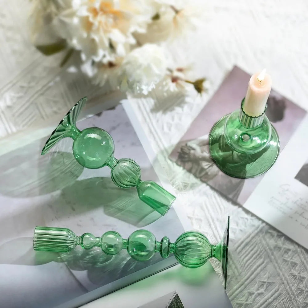 Set de 3 Candelabros de Cristal Ondulados para Velas Cónicas