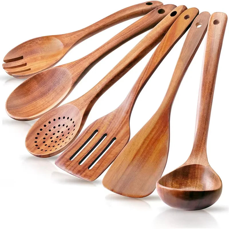 Juego de 10 Utensilios de Cocina de Madera de Teca Natural